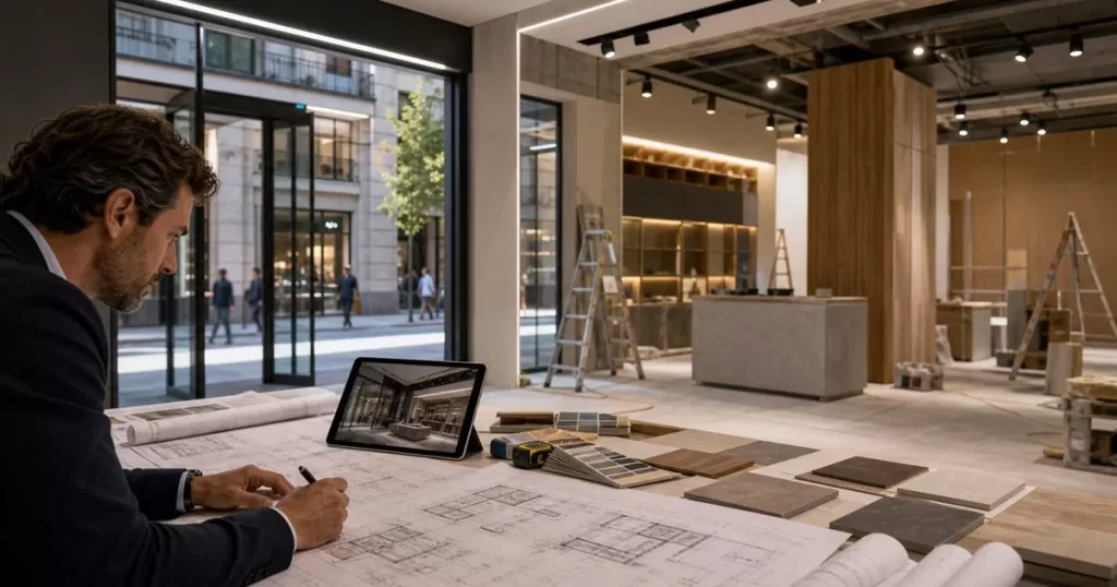 Local comercial en reforma con escaparate moderno planos materiales e interior parcialmente terminado