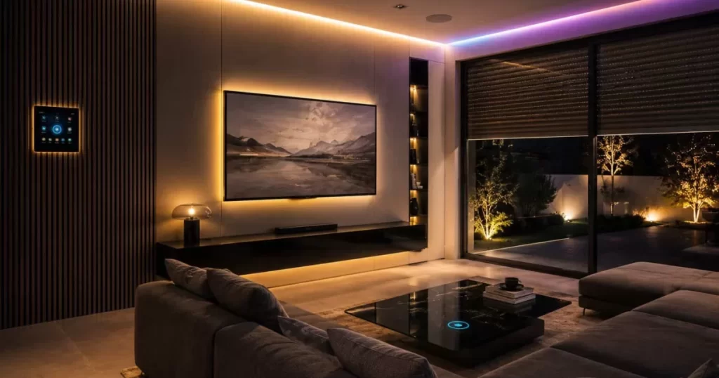Salón inteligente con panel táctil de control domótico empotrado, iluminación LED RGB perimetral, smart TV y persianas motorizadas — reformas con domótica integrada