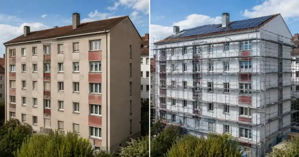 Edificio residencial con rehabilitacion energetica completa paneles solares y aislamiento en fachada