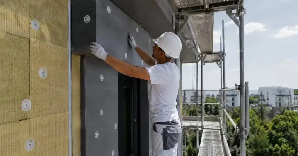 Tecnico instalando aislamiento en fachada de edificio en rehabilitacion energetica para reducir costes