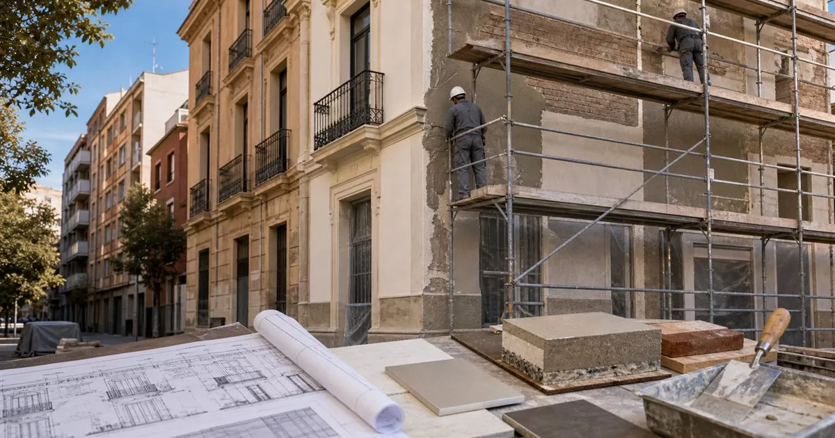 Rehabilitacion de fachada en Zaragoza con andamio planos tecnicos morteros y muestras de materiales
