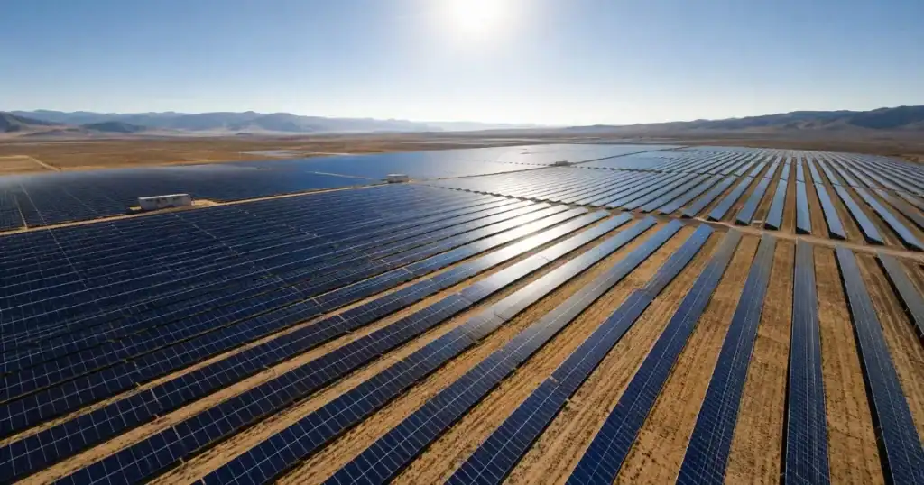 Parque fotovoltaico rentable con paneles solares alineados bajo sol intenso en campo abierto
