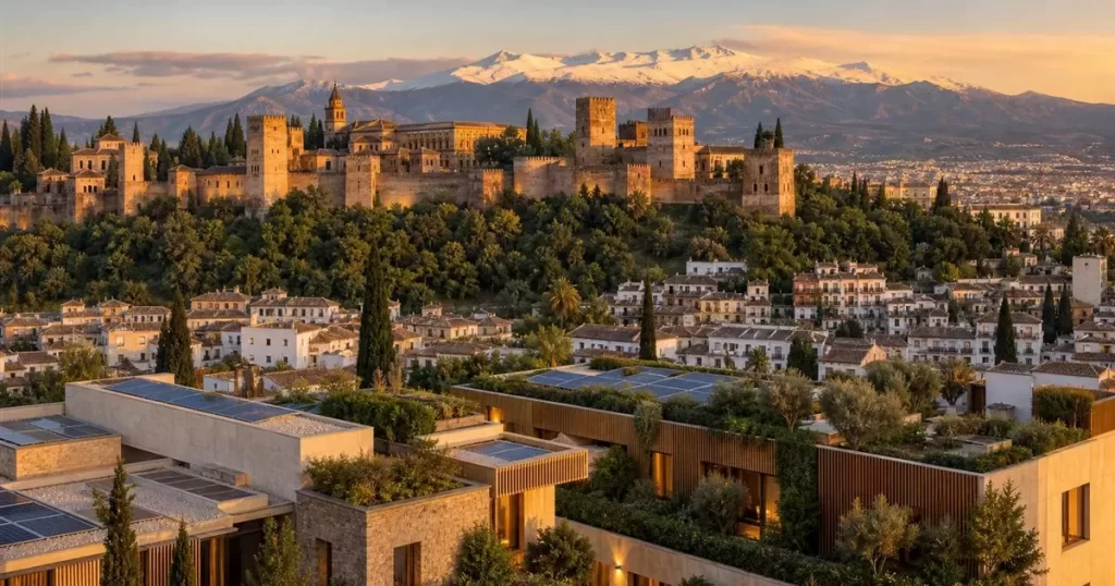 Vista de Granada con la Alhambra y Sierra Nevada y edificios modernos sostenibles, revolucion arquitectonica en Granada