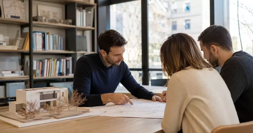 Reunión de un arquitecto con clientes revisando planos y maqueta en un estudio de Zaragoza, guía para elegir arquitecto