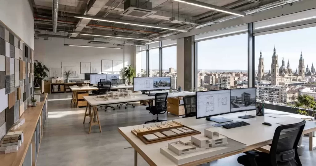 Estudio de arquitectura moderno en Zaragoza con mesas de trabajo, pantallas con planos y maquetas, servicios y presupuestos de arquitectos