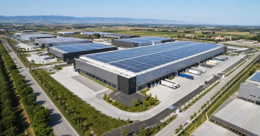Vista aérea de un polígono industrial eficiente con naves de cubierta solar, arquitectura industrial para sectores clave
