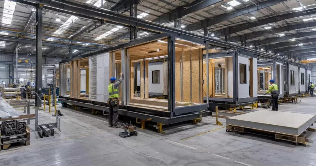 Nave industrial fabricando módulos prefabricados de viviendas en cadena de montaje, arquitectura modular industrializada en Madrid