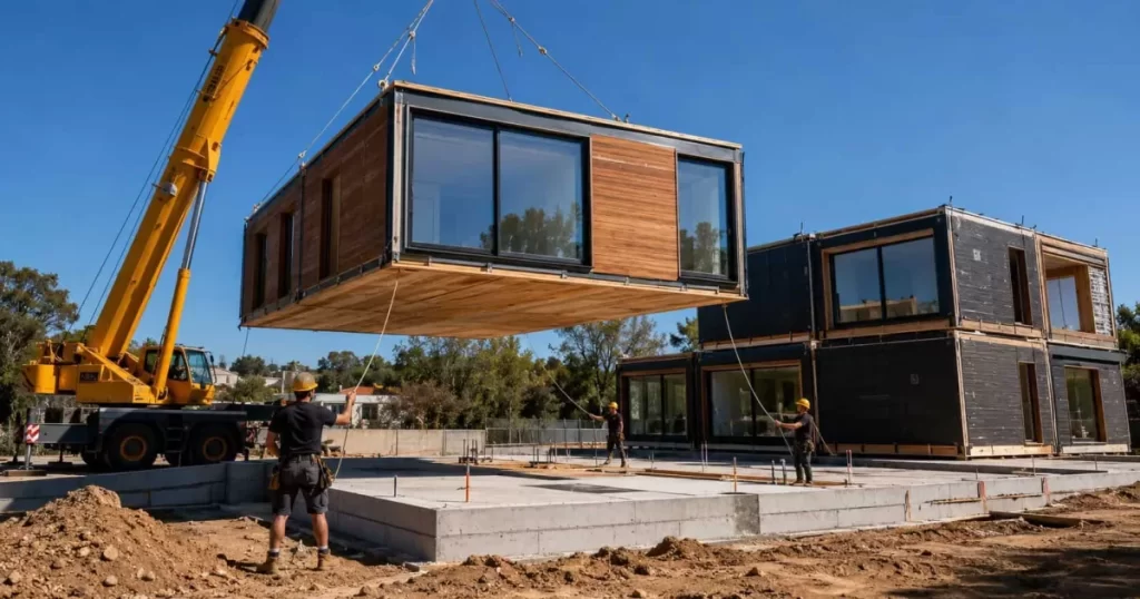 Grúa colocando un módulo prefabricado de una casa modular sobre su cimentación, construcción industrializada 2026