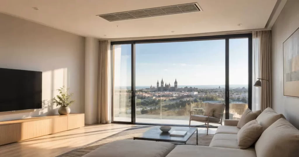 Interior confortable de una vivienda Passivhaus certificada en Zaragoza con ventilación de doble flujo y ventanal de triple acristalamiento