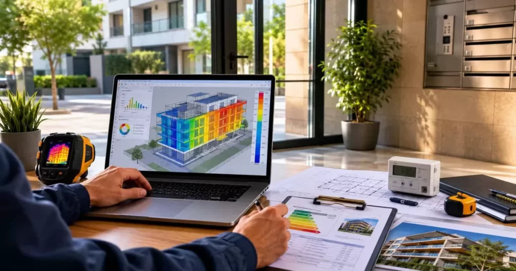 Auditor energético con software de simulación de un edificio y documentos de certificación, certificaciones energéticas y medioambientales