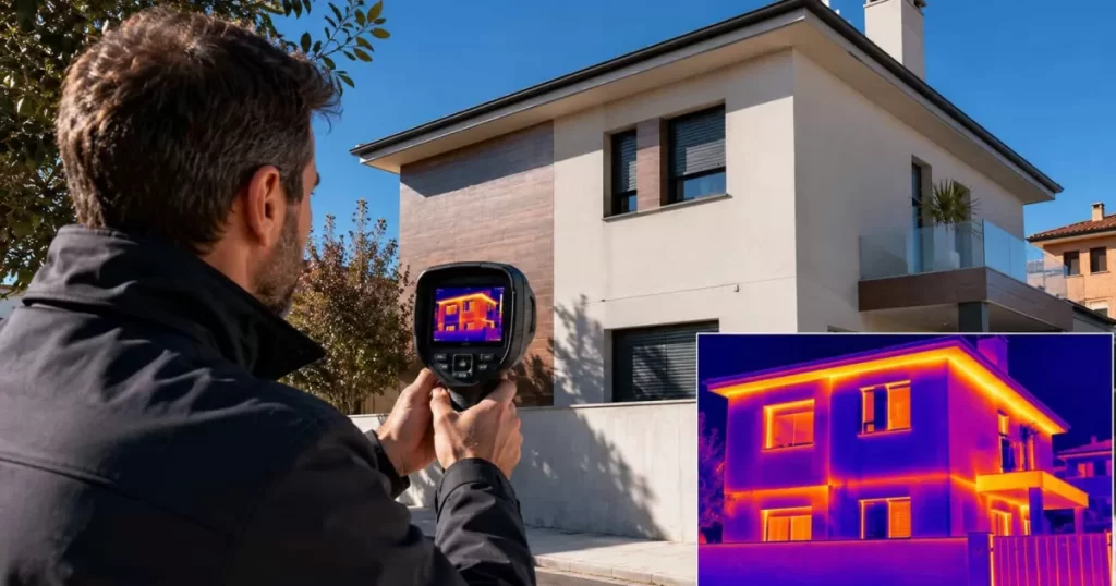 Técnico realizando un certificado energético con cámara termográfica en la fachada de una vivienda unifamiliar en Zaragoza 2026
