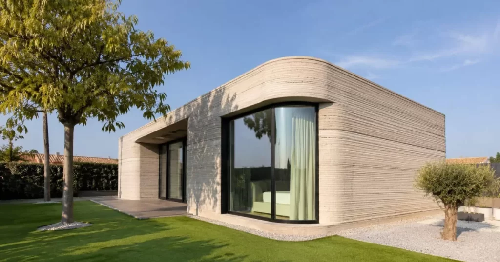 Vivienda terminada construida con impresión 3D de hormigón en Zaragoza, muros curvos con textura de capas impresas