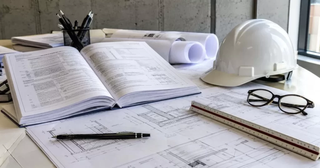 Mesa de arquitecto con documentos del Código Técnico de la Edificación y planos de detalles constructivos, CTE y normativa española