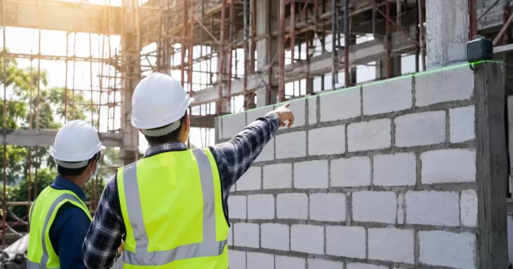 Director de obra comprobando con nivel láser la ejecución de un muro junto al encargado, control de ejecución eficiente en Madrid