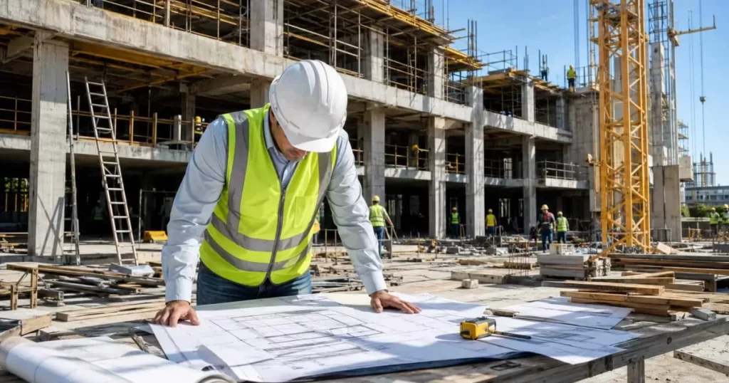 Director de obra con casco revisando planos y supervisando la ejecución en una obra de edificación en Madrid