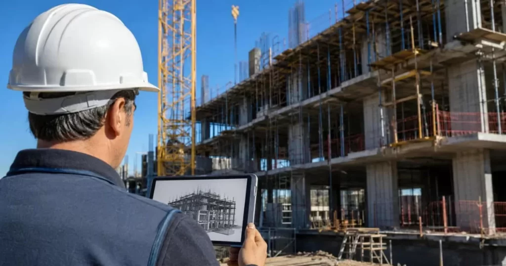 Director de obra con tablet comparando el plano digital con el edificio en construcción, dirección de obra y control de ejecución
