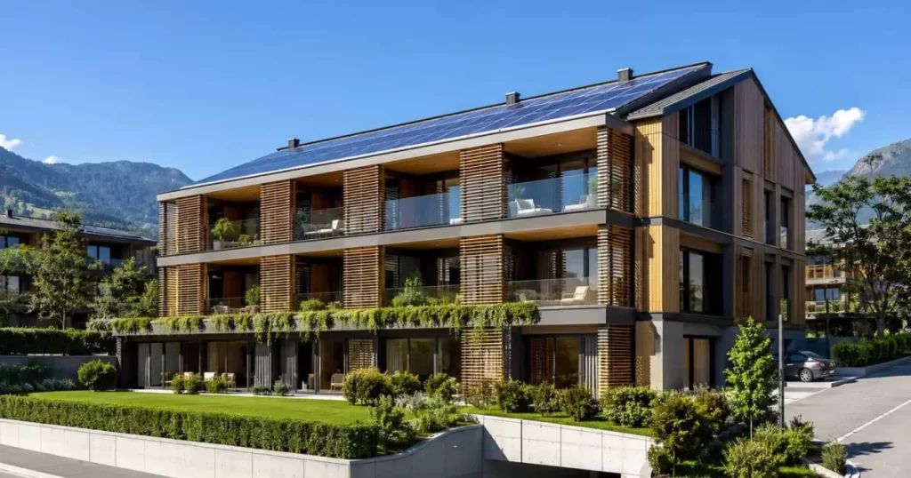 Edificio residencial de consumo casi nulo nZEB con aislamiento, ventanas de altas prestaciones y cubierta solar, eficiencia energética máxima