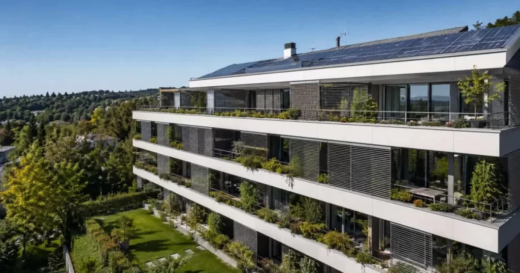 Edificio residencial moderno eficiente con terrazas verdes, protección solar y paneles solares, eficiencia energética en edificios residenciales