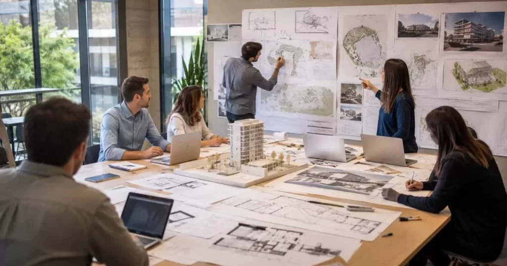 Equipo de arquitectos coordinando un proyecto alrededor de una mesa con planos y maqueta, gestión integral de proyectos de arquitectura