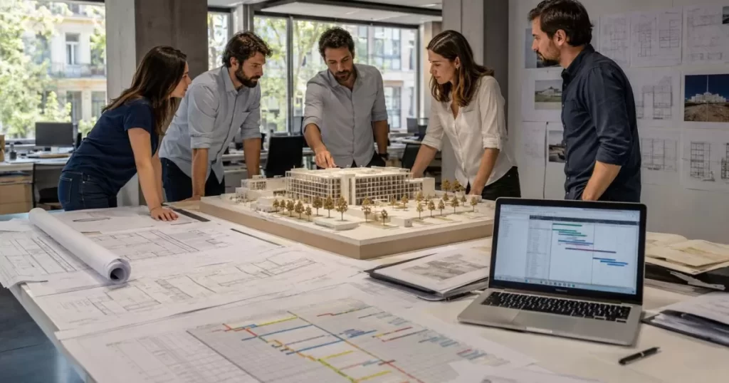 Mesa de gestión integral de proyectos de arquitectura con cronograma, planos y maqueta, coordinación profesional en Madrid