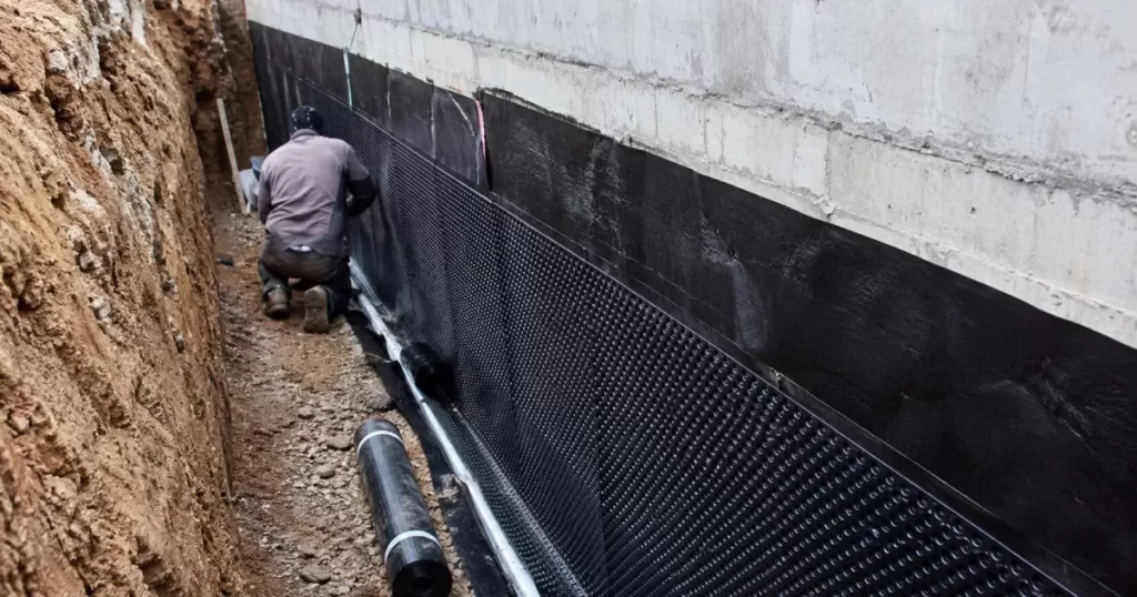 Operario impermeabilizando el muro de cimentación de un edificio con membrana y drenaje, soluciones constructivas contra la humedad