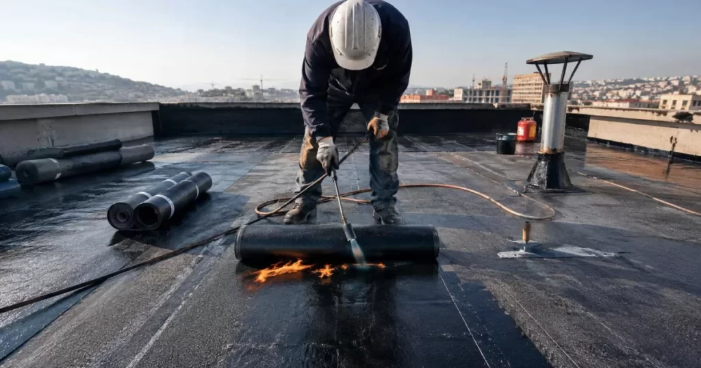 Operario aplicando lámina impermeabilizante en una cubierta plana, soluciones constructivas de impermeabilización en Madrid