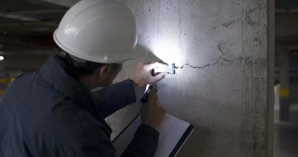 Ingeniero examinando una fisura en un pilar de hormigón con fisurómetro, inspección estructural y mantenimiento de edificios