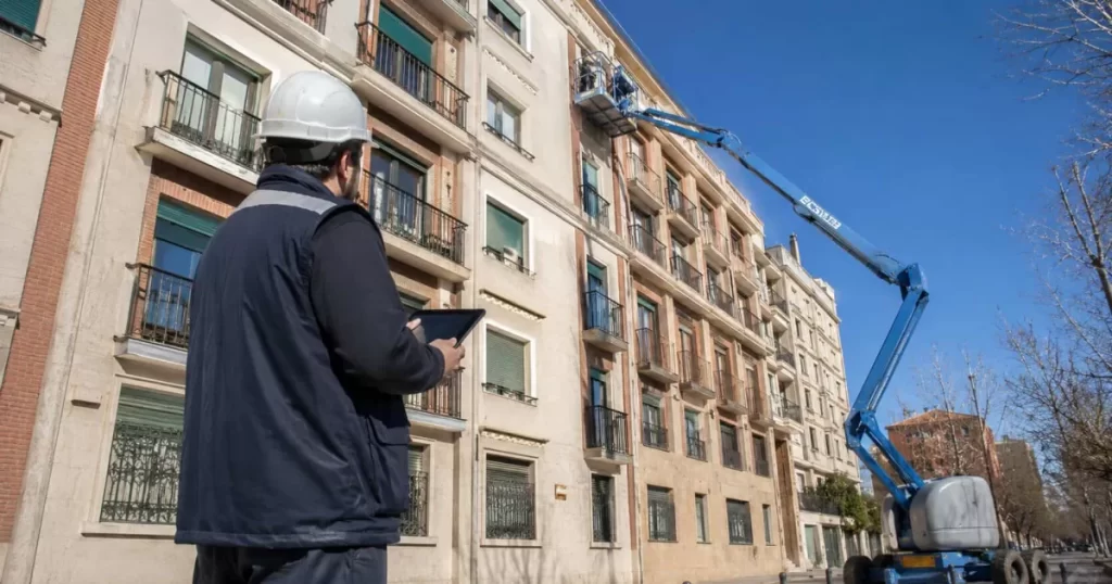 Técnico inspeccionando la fachada de un edificio con tablet y plataforma elevadora, inspección y mantenimiento de edificios en Madrid