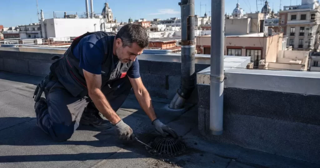 Operario de mantenimiento revisando la cubierta e instalaciones de un edificio en Madrid, claves de inspección y conservación