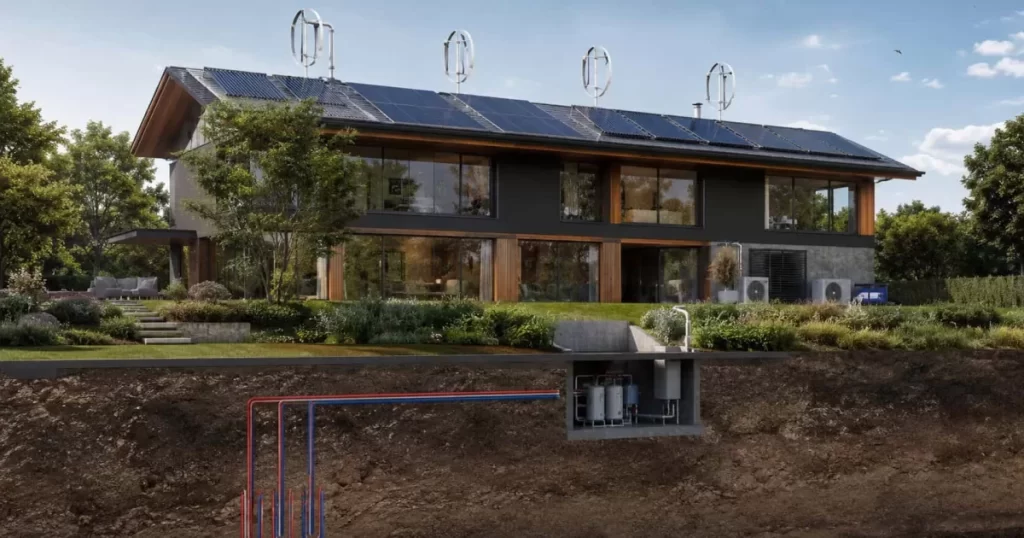 Edificio sostenible que integra varias energías renovables (solar, eólica, geotérmica), edificio autosuficiente en España