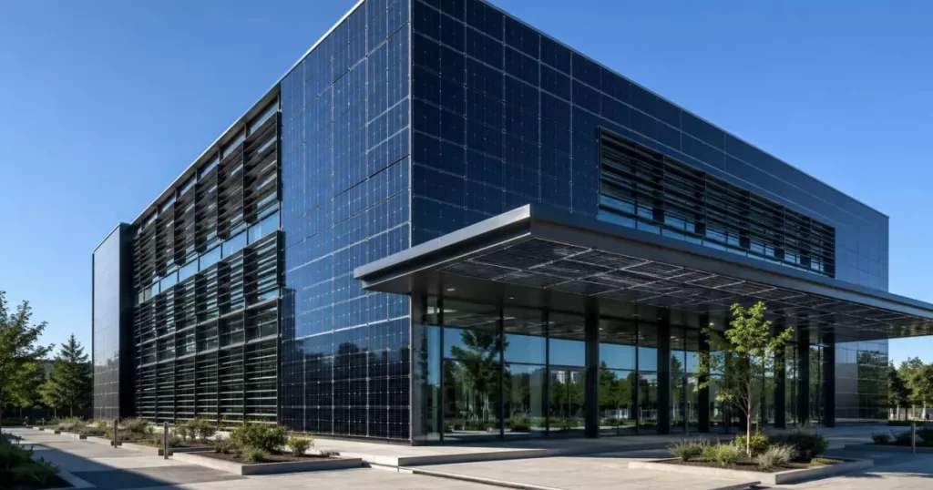 Edificio con integración arquitectónica de instalaciones fotovoltaicas BIPV en fachada y lamas, estética y energía solar