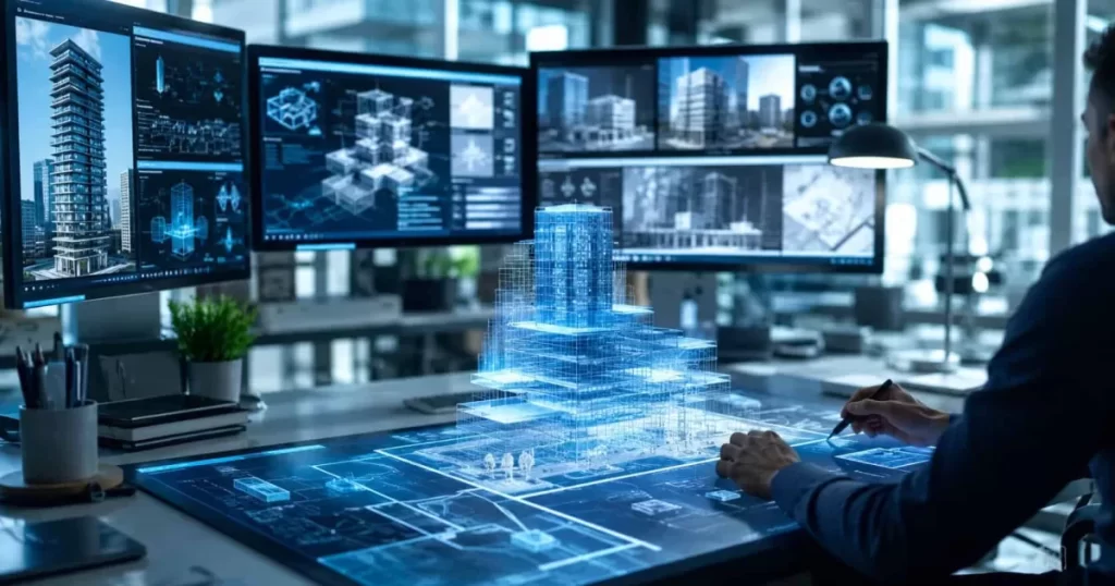 Arquitecto trabajando con inteligencia artificial y diseños generativos 3D de edificios en un estudio en Zaragoza