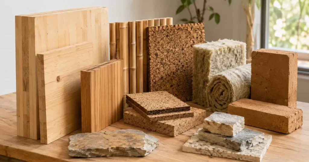 Muestras de materiales de construcción ecológicos y sostenibles (madera CLT, corcho, cáñamo, tierra) sobre mesa de arquitecto 2026