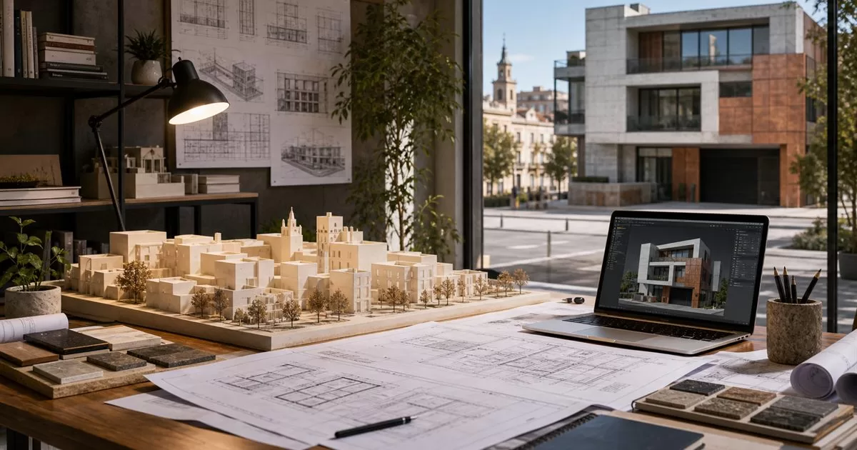 Proceso de trabajo de Risco Arquitectos: maqueta urbana y modelado 3D en el estudio de Zaragoza