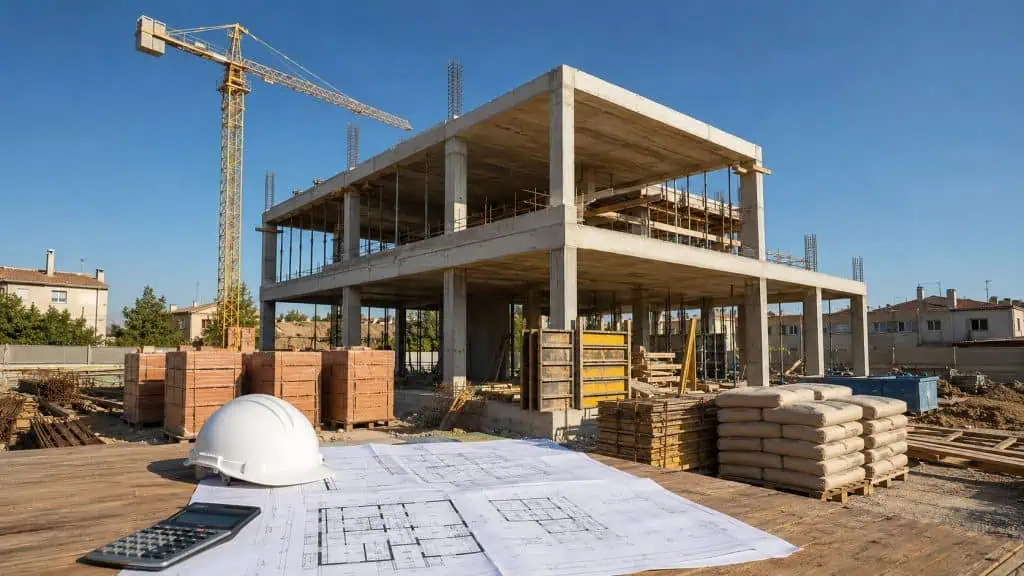 Obra de vivienda unifamiliar en Zaragoza en fase de estructura de hormigón con grúa torre, planos y presupuesto de construcción 2026