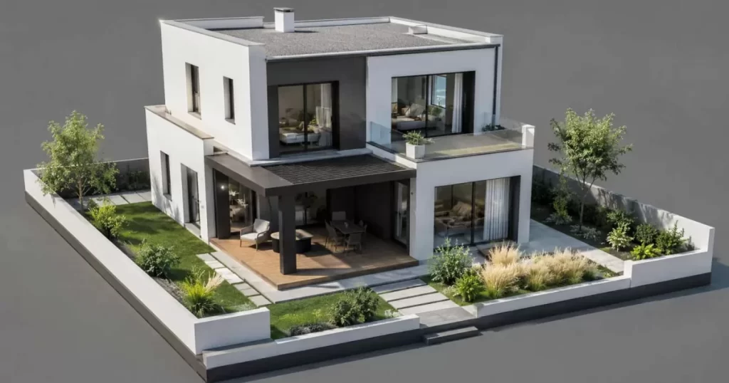 Render arquitectónico 3D de una vivienda unifamiliar moderna de 120 m² de dos plantas, proyecto y precio de casa 2026