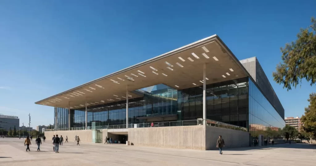 Edificio moderno de equipamiento público en Madrid con fachada acristalada y plaza de acceso, proyectos de arquitectura pública