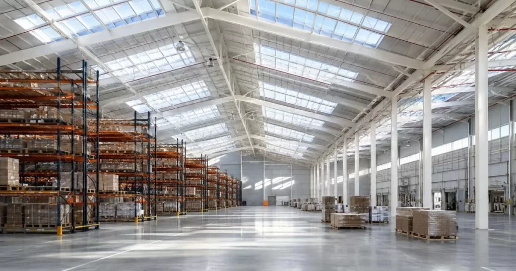 Interior luminoso de una nave industrial eficiente con lucernarios y estructura metálica, proyectos de naves industriales sostenibles