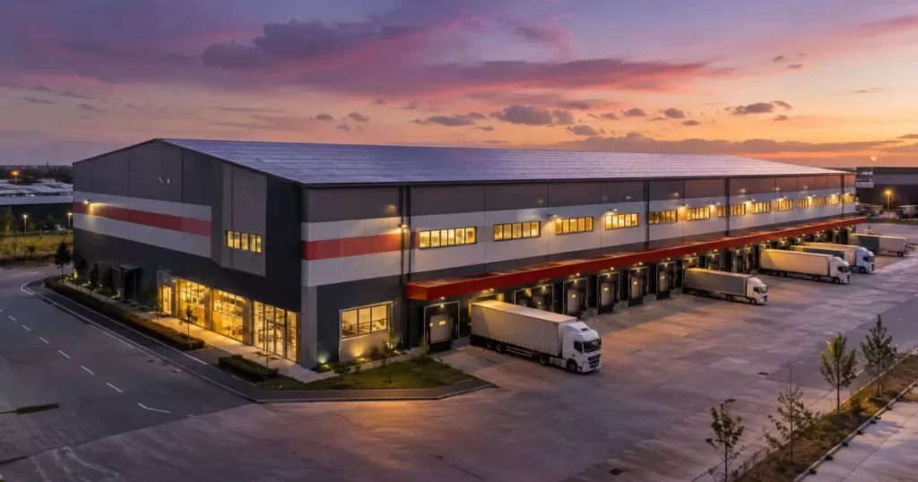 Nave logística industrial moderna y eficiente al atardecer con muelles de carga adaptados, proyectos de naves industriales eficientes