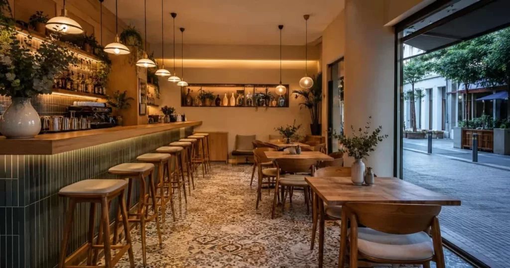 Interior de una cafetería-restaurante moderno recién reformado con barra de diseño, reforma de locales comerciales para el negocio