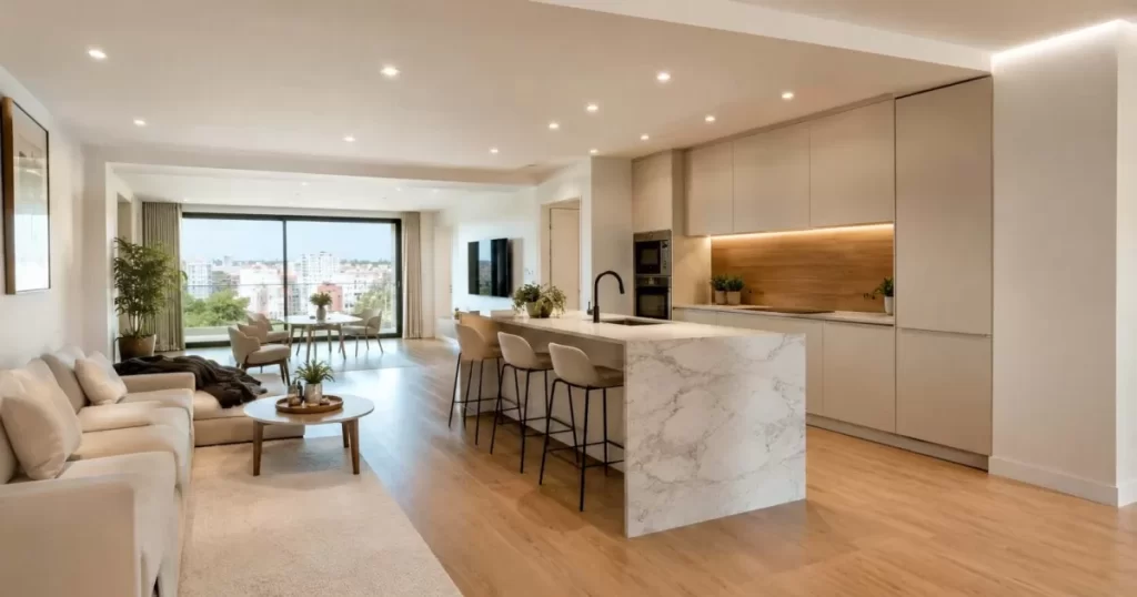 Vivienda reformada integralmente en Zaragoza con cocina abierta moderna conectada al salón y acabados de calidad