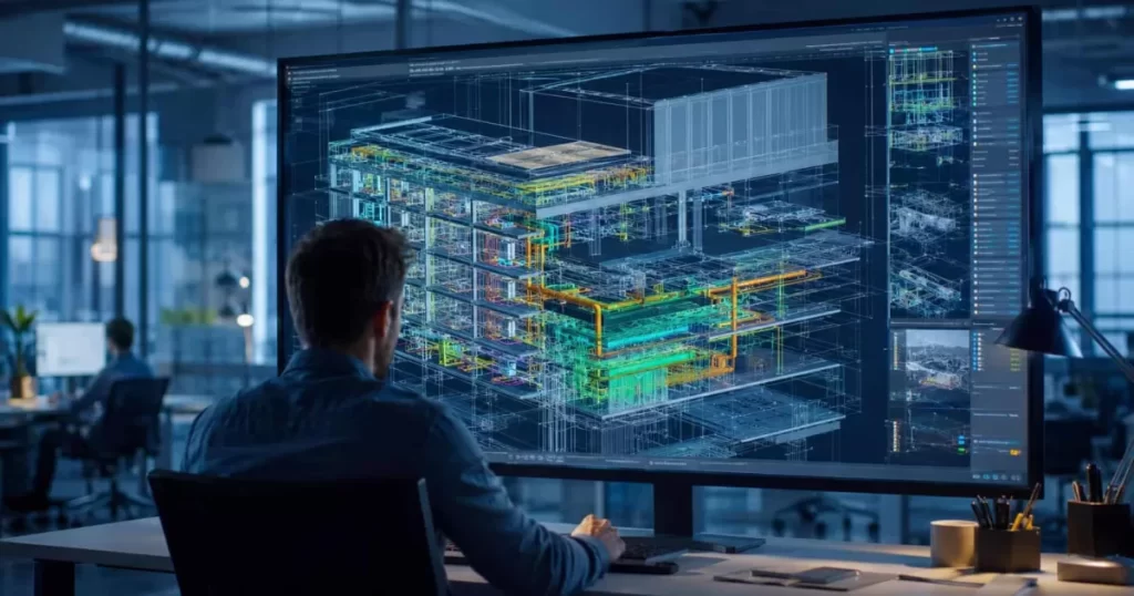 Ingeniero visualizando un modelo BIM 3D de un edificio con capas de estructura e instalaciones, uso del BIM en arquitectura en Madrid