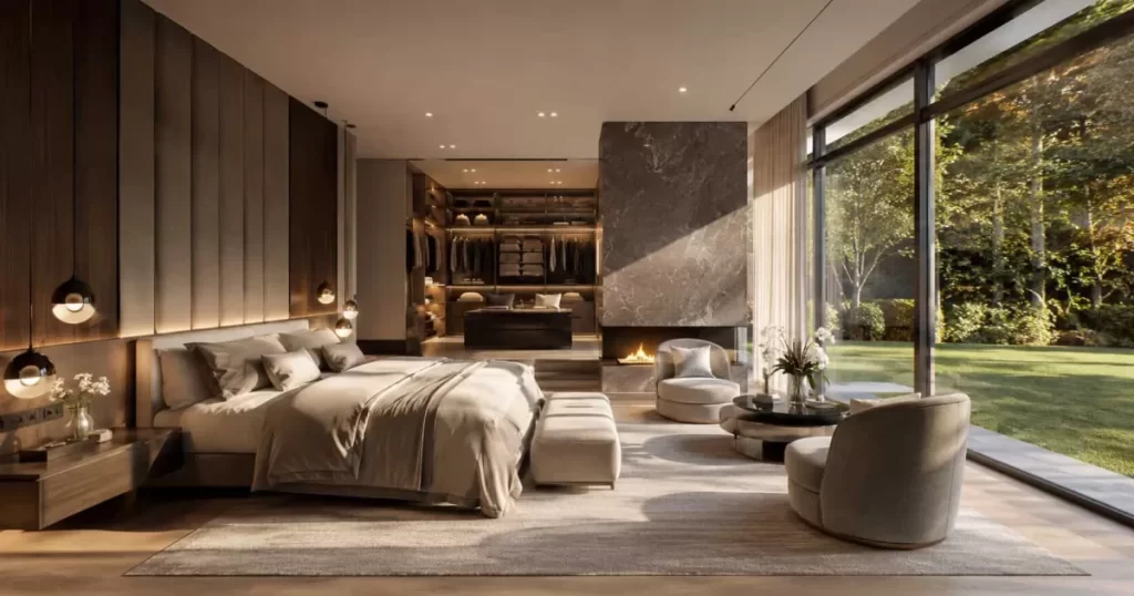 Suite de dormitorio principal de lujo con vestidor y gran ventanal con vistas, la combinación perfecta de confort y exclusividad
