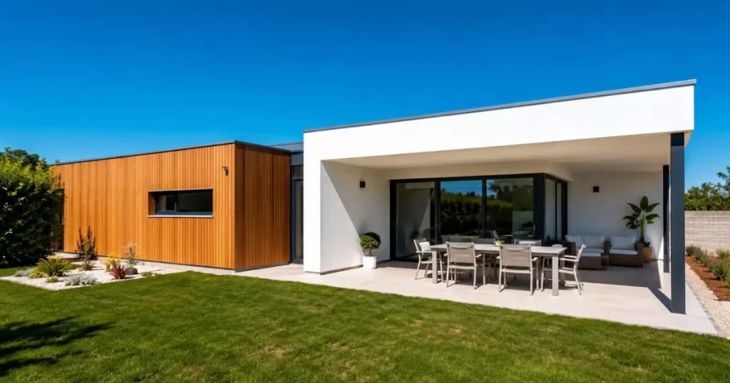 Vivienda modular moderna terminada en Zaragoza con volúmenes contemporáneos, grandes ventanales y jardín