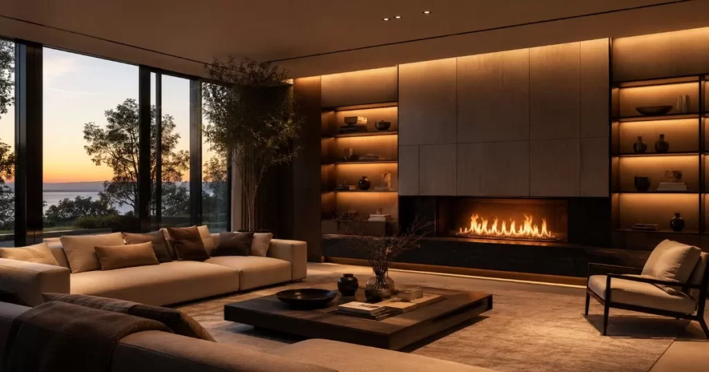 Salon elegante y calido con chimenea moderna encendida y sofas de diseno en Zaragoza