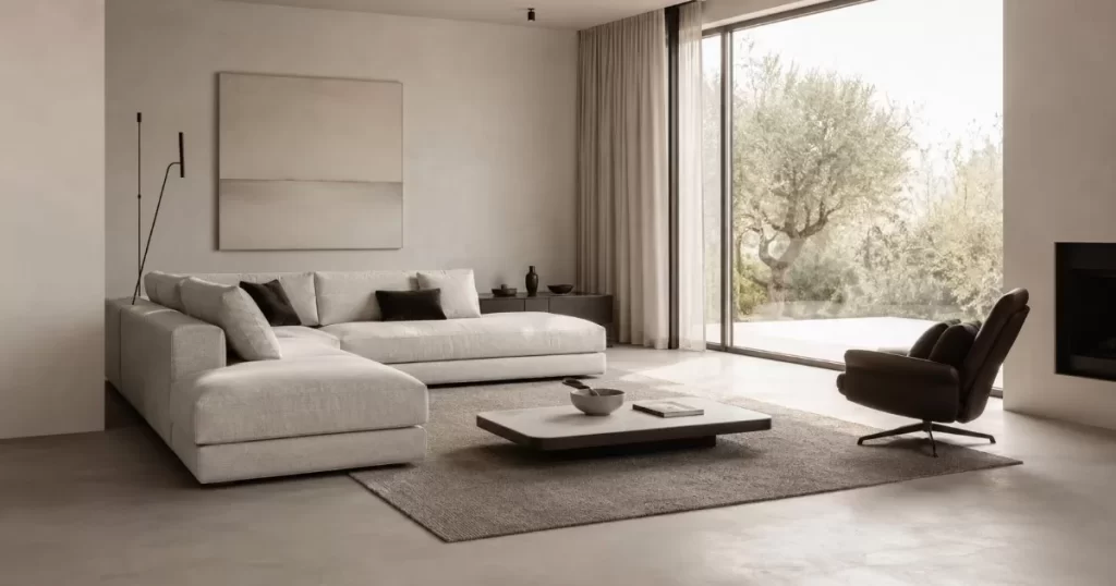 Salon moderno minimalista luminoso con sofa de diseno y gran ventanal