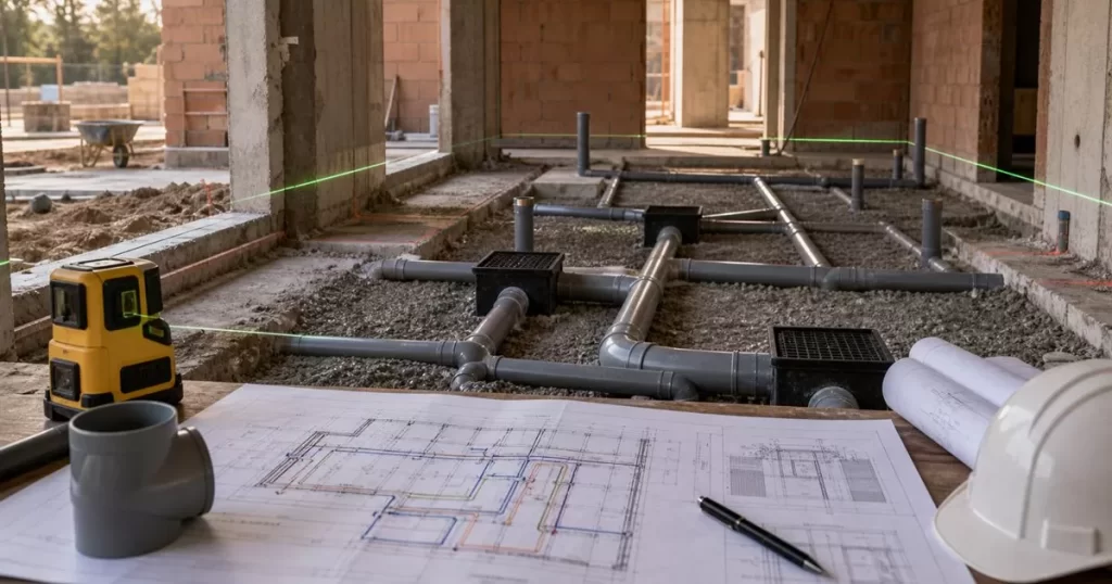 Instalacion de saneamiento en obra residencial con tuberias arquetas nivel laser y planos tecnicos