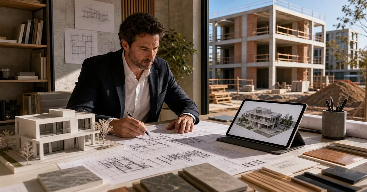 Arquitecto trabajando con planos maqueta modelo 3D materiales y obra residencial al fondo