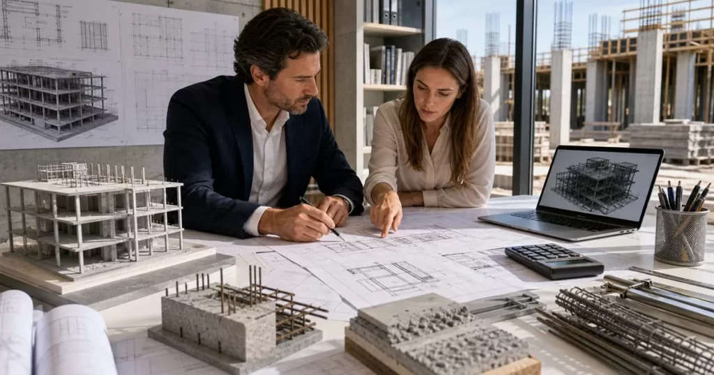 Arquitecto e ingeniera revisando calculo estructural con maqueta planos cimentacion y estructura de hormigon
