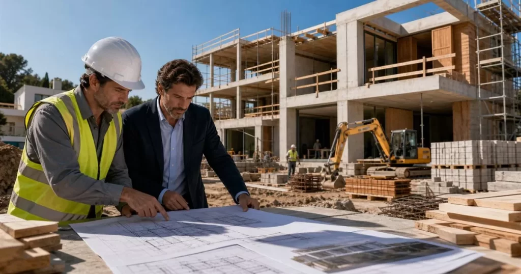 Arquitecto y jefe de obra revisando planos en una construccion residencial moderna en progreso